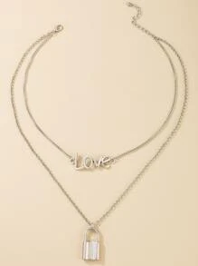 Lock & Letter Pendant Layered Necklace - Silver - View 4