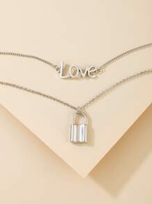 Lock & Letter Pendant Layered Necklace - Silver - View 5