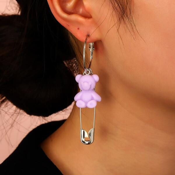 

Bear & Safety Pin Drop Earrings, Purple