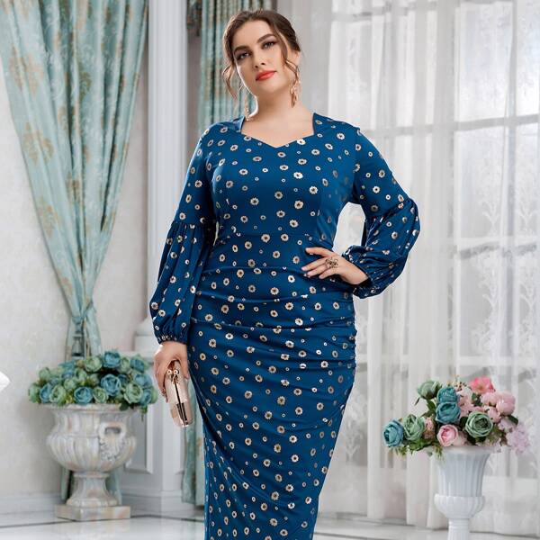 

Plus Floral Print Ruched Bishop Sleeve Wrap Dress, Teal blue
