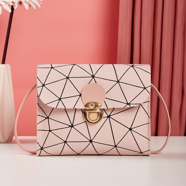 

Geometric Graphic Push Lock Crossbody Bag, Pink