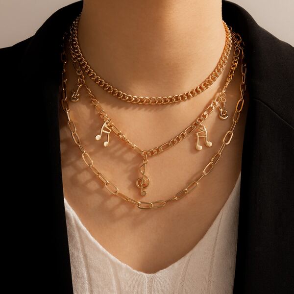 

Music Note Pendant Layered Necklace, Gold