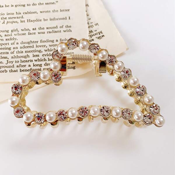 

Faux Pearl & Rhinestone Decor Heart Shaped Hair Claw, Gold