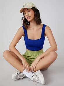 SHEIN BASICS Áo hai dây màu trơn Giải trí - Xanh đậm - Xem 3