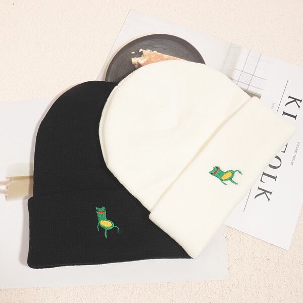 

2pcs Frog Embroidered Beanie, Black and white