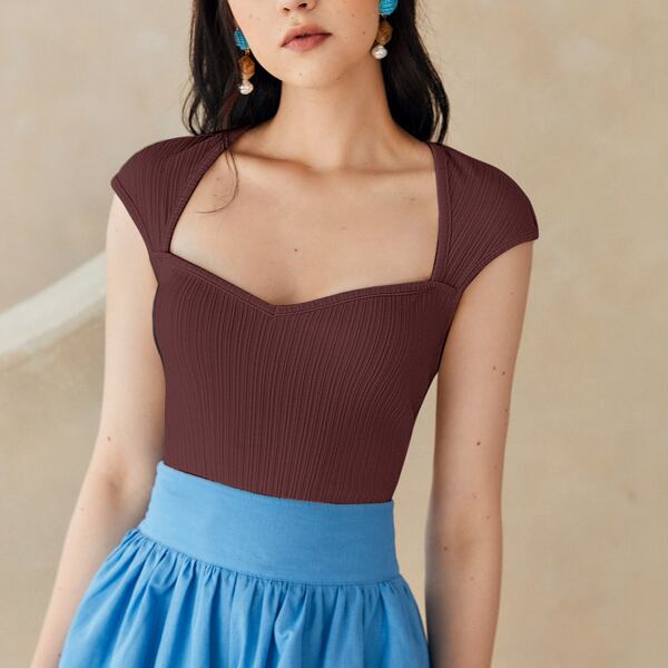 

Cap Sleeve Rib-knit Tee, Coffee brown