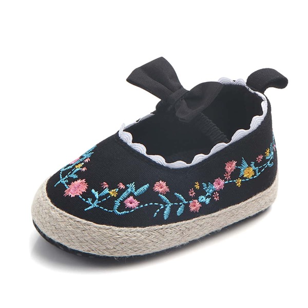 

Baby Girl Floral Embroidery Bow Decor Flats, Black