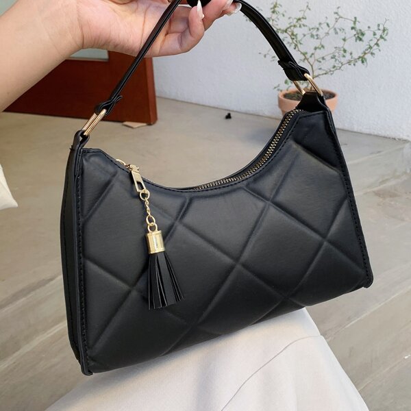 

Tassel Decor Quilted Square Bag, Black
