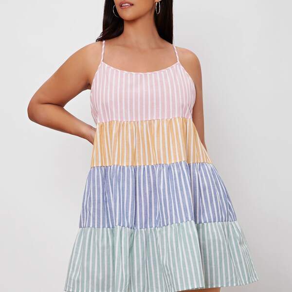 

Plus Color Block Striped Cami Smock Dress, Multicolor