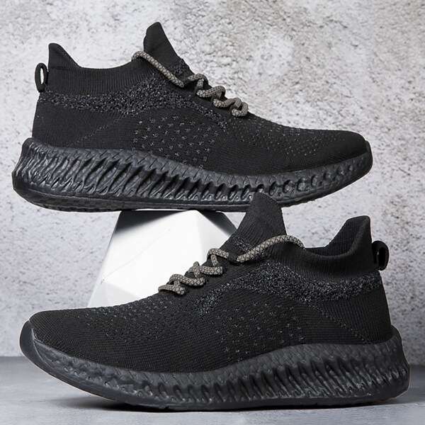 

Men Minimalist Lace Up Decor Knit Sneakers, Black