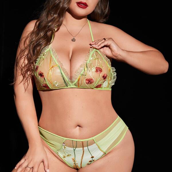

Plus Floral Embroidered Mesh Lingerie Set, Green
