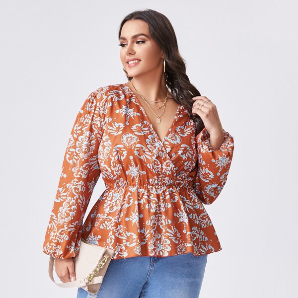 

Plus Floral Print Surplice Front Peplum Blouse, Burnt orange