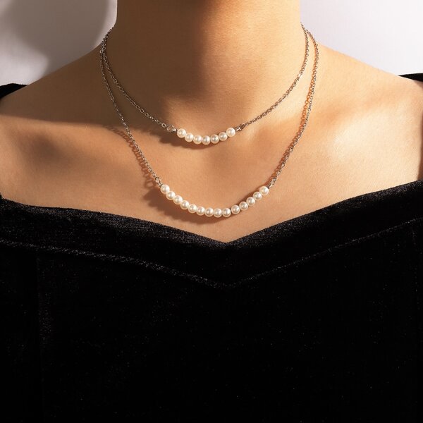 

Faux Pearl Decor Layered Necklace, Silver