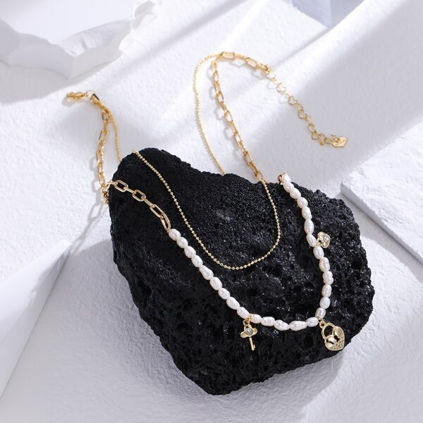 

14K Gold Plated Lock Charm Pearl Beaded Layered Necklace