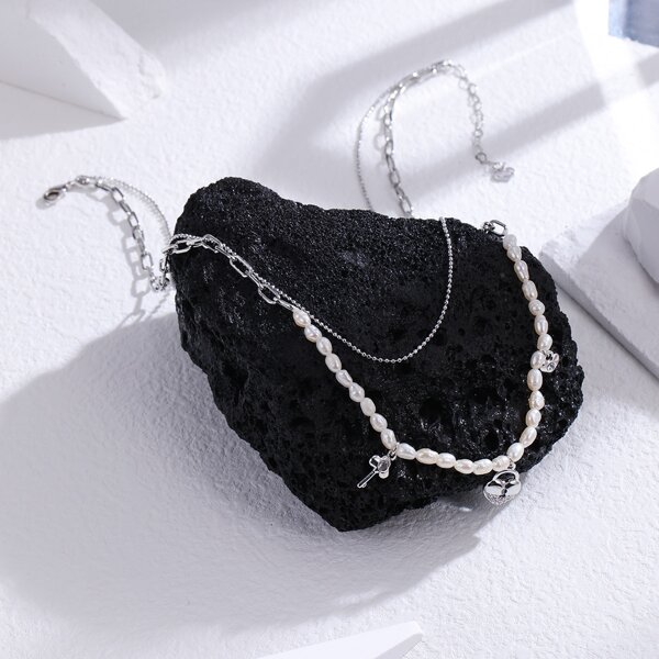 

14K Gold Plated Lock Charm Pearl Beaded Layered Necklace, Silver