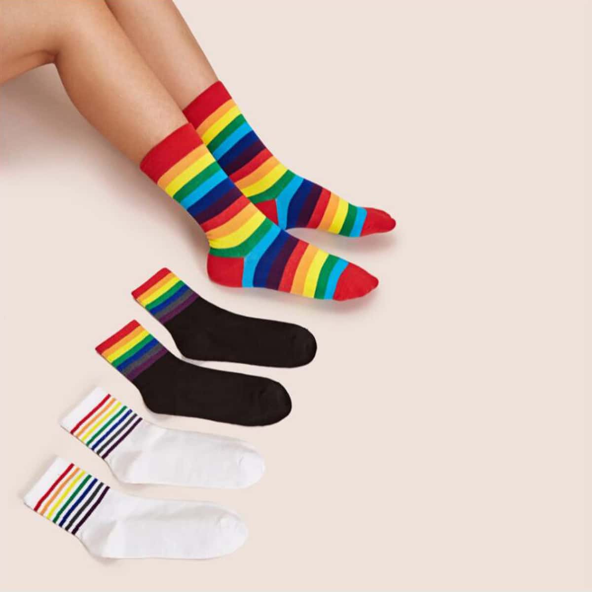 

3pairs Rainbow Stripe Crew Socks, Multicolor