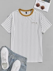 GENTILAND Camiseta suelta de hombre con estampado de rayas y gráfico de letras - Blanco - Ver 1