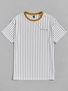 GENTILAND Camiseta suelta de hombre con estampado de rayas y gráfico de letras - Blanco - Ver 4