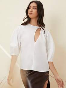 SHEIN Solid Cut Out Front Blouse - White - View 3