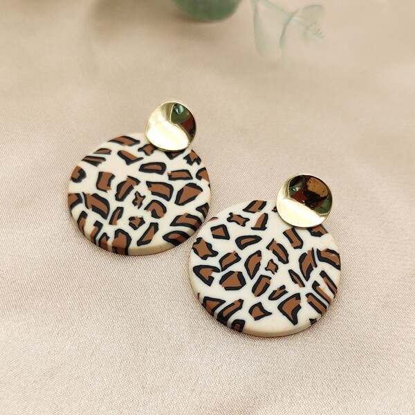 

Leopard Print Round Drop Earrings, Camel