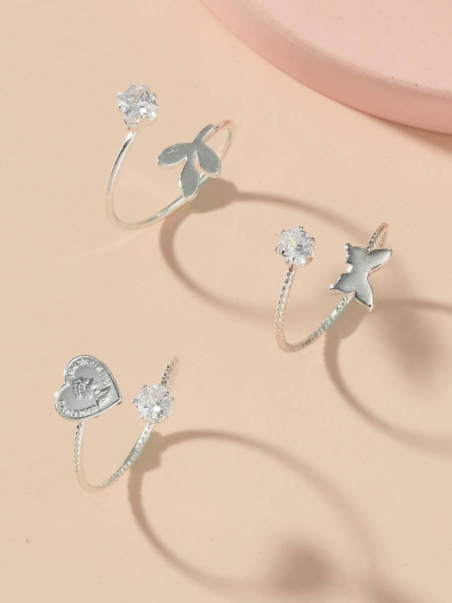 女孩3入組心和蝴蝶裝飾開口戒指