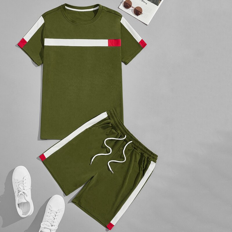 

Guys Contrast Panel Tee & Drawstring Slant Pocket Shorts, Army green