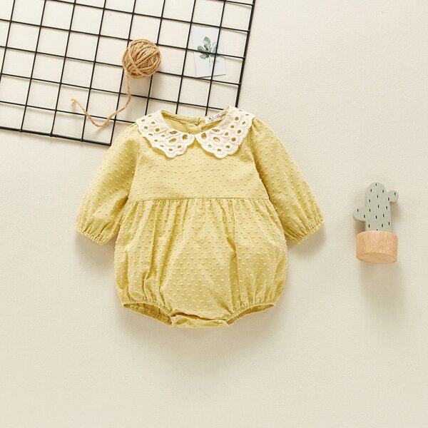 

Baby Eyelet Embroidery Doll Collar Swiss Dot Bodysuit, Mustard yellow
