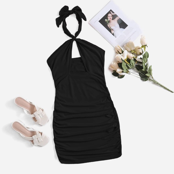 

Cut Out Front Halter Neck Bodycon Dress, Black