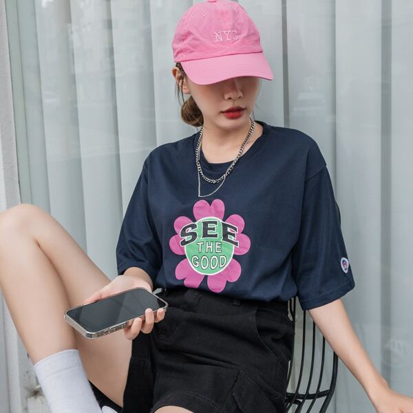

Slogan & Floral Print Tee, Navy blue
