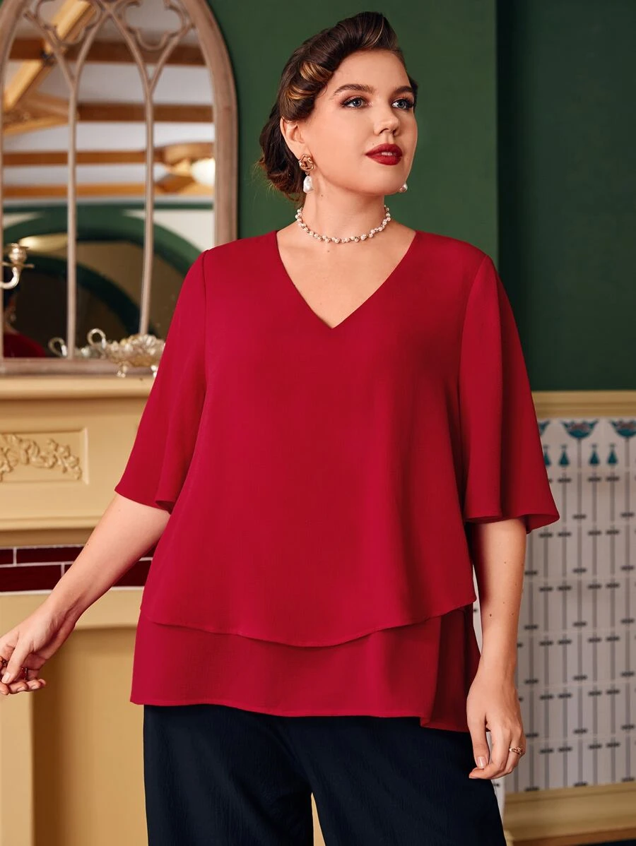 Modelyn 酒红色加大蝴蝶袖覆盖衬衫 - 酒紅色 - 查看 1