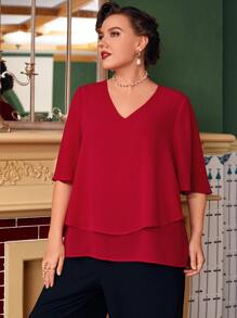 Modelyn 酒红色加大蝴蝶袖覆盖衬衫 - 酒紅色 - 查看 5