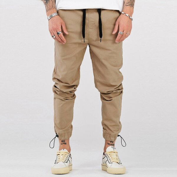 

Men Solid Drawstring Hem Pants, Khaki