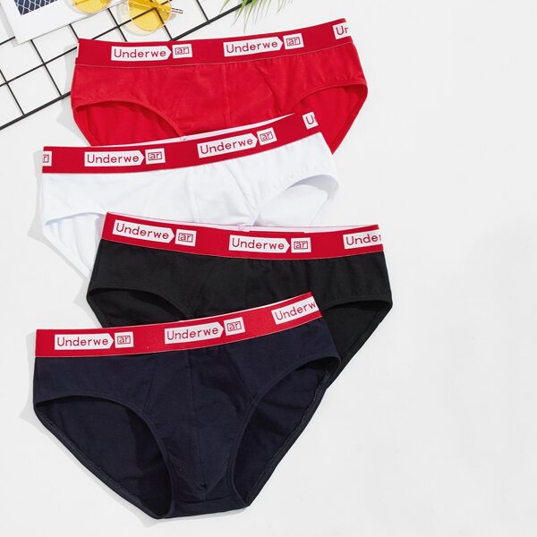 

Men 4pcs Letter Tape Color Block Brief, Multicolor