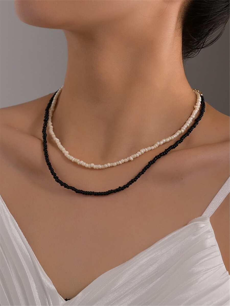 2入組串珠項鏈 - 黑與白 - 查看 1