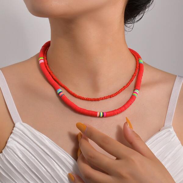 

2pcs Simple Beaded Necklace, Red