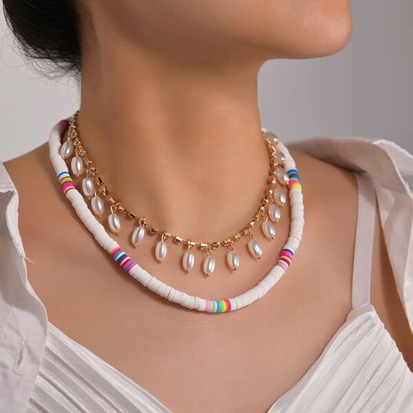 

2pcs Faux Pearl Decor Necklace, White