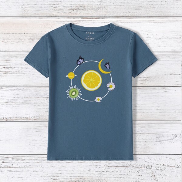 

Fruit And Flower Print Tee, Navy blue