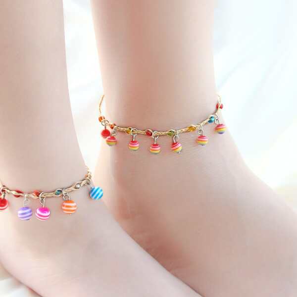 

2pcs Parent-Girls Striped Ball Charm Anklet, Multicolor