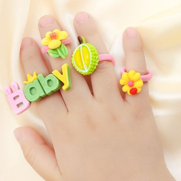 

4pcs Girls Flower Decor Ring, Multicolor