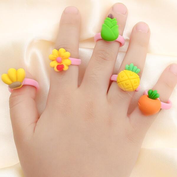 

5pcs Girls Flower Decor Ring, Multicolor