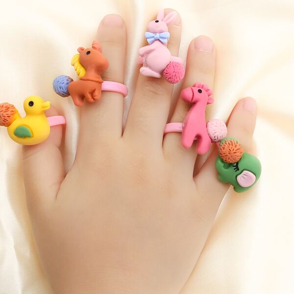 

5pcs Toddler Girls Cartoon Animal Decor Ring, Multicolor