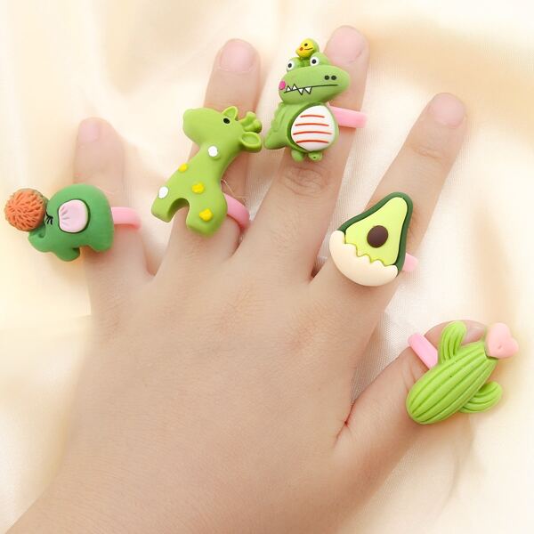 

5pcs Toddler Girls Cactus Decor Ring, Multicolor