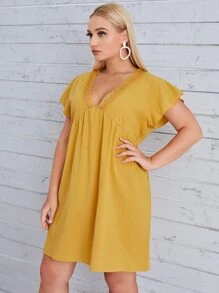 Vestido babydoll con encaje en contraste - Amarillo - Ver 1