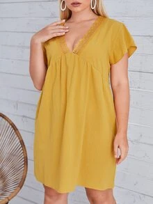 Vestido babydoll con encaje en contraste - Amarillo - Ver 3
