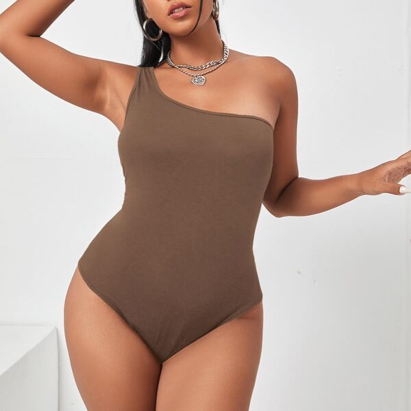 

Plus One Shoulder Slim Fit Bodysuit, Mocha brown