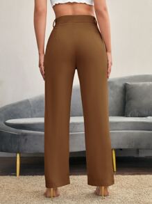 SHEIN Essnce 秋冬纯色高腰剪裁裤 - 棕色 - 查看 2