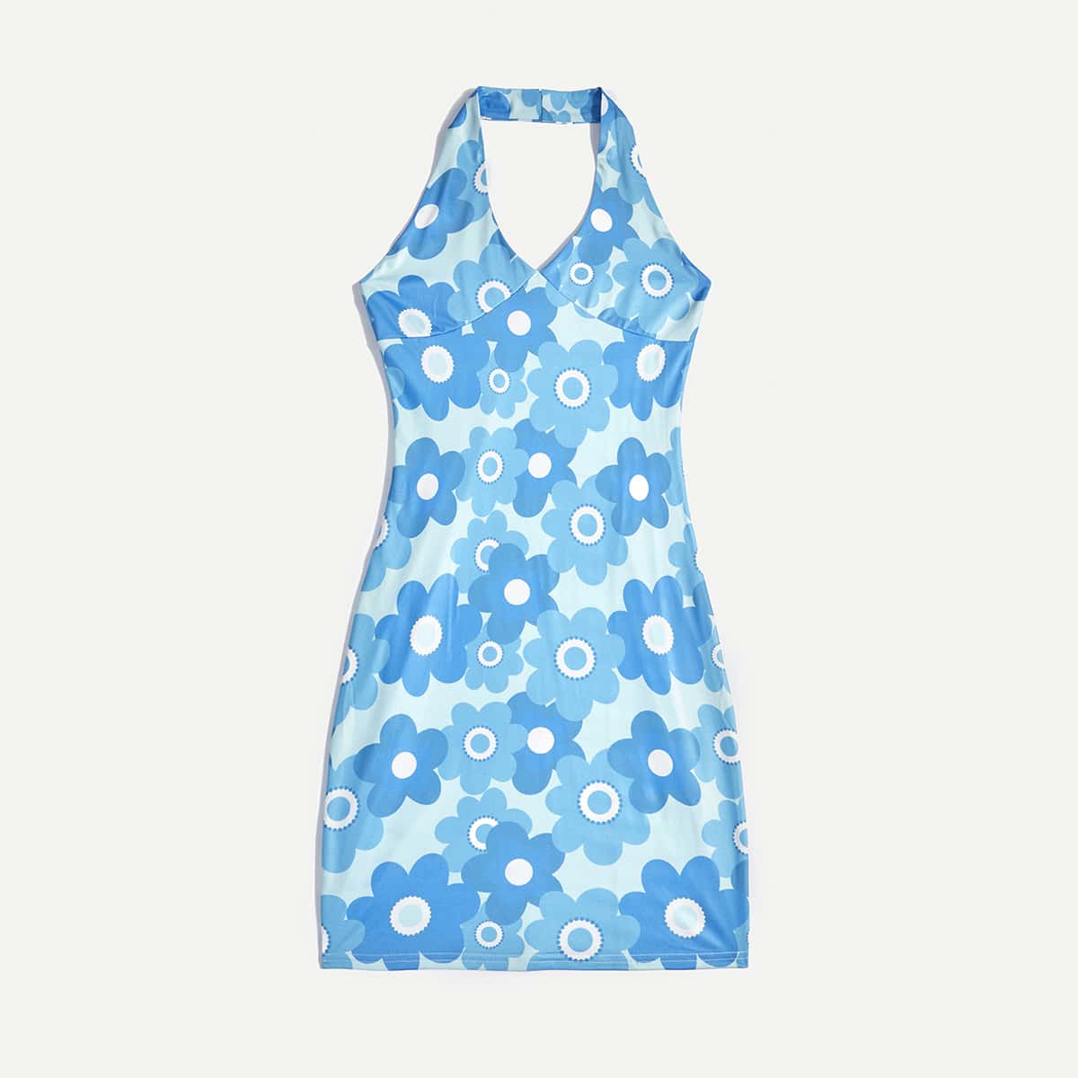 

Floral Print Halter Dress, Blue