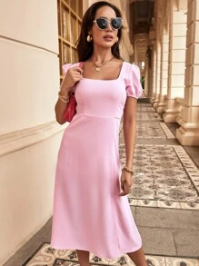 方領泡泡袖抽繩後連衣裙 - 淺粉色 - 查看 1