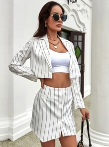 Falda con estampado de rayas con botón bajo asimétrico - Beis - Ver 3