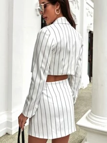 Falda con estampado de rayas con botón bajo asimétrico - Beis - Ver 5